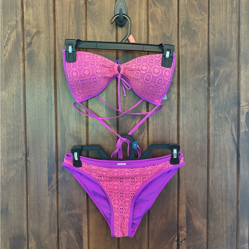 Junior’s Pink/Purple Lace Bandeau Textured Bikini Set